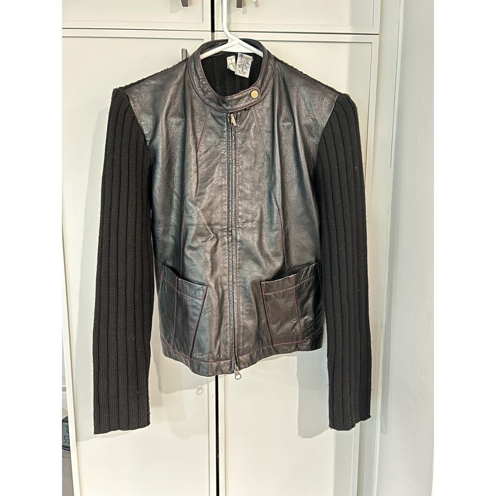 Vintage Twiggy Black‎ Leather/Wool Bomber/Biker Jacket Sz. Small Red stitching
